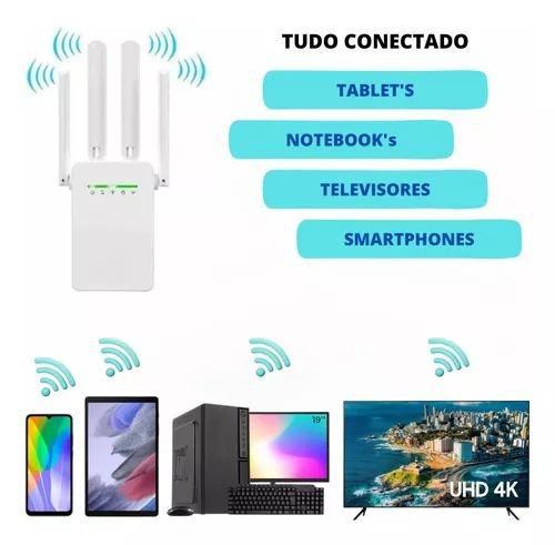 Imagem de Sinal Forte em Branco: Repetidor Wifi 2800m com 4 Antenas, Amplificador de Sinal, 110v/220v