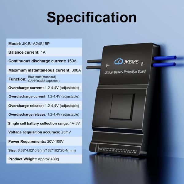 Imagem de Sistema de gerenciamento de bateria JKBMS 8S-24S 150A com Bluetooth