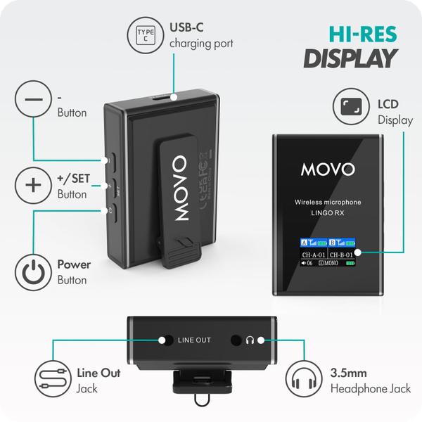 Imagem de Sistema de microfone sem fio Lavalier Movo Lingo-Duo 48-Ch UHF