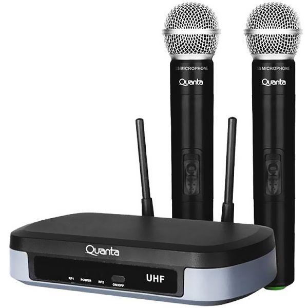 Imagem de Sistema de Microfone Sem Fio Quanta QTMWU104 com 2 Microfones Bivolt - Preto/Cinza