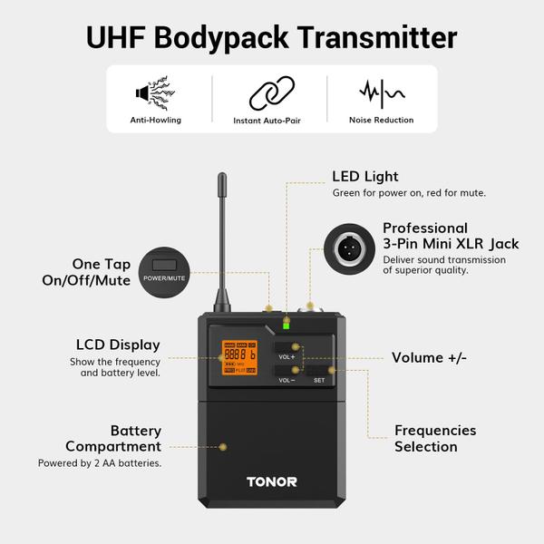 Imagem de Sistema de microfone sem fio TONOR UHF com fone de ouvido/microfone de lapela