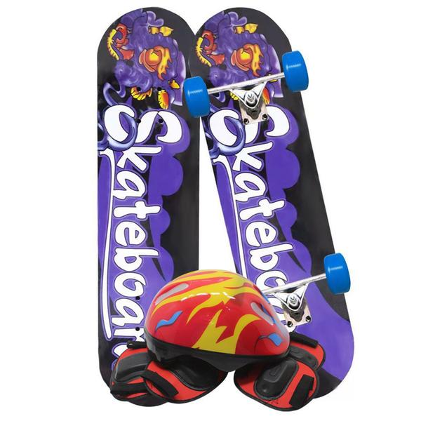 Imagem de Skate Infantil Estampado Roxo Kit Equipamentos de Proteção