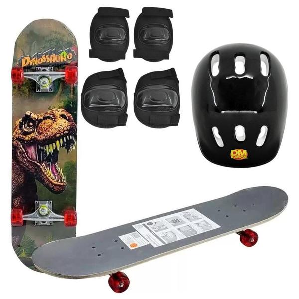 Imagem de Skate Radical Dinossauro Infantil + Kit Proteção Capacete Joelheira e Cotoveleira  Suporta até 50 Kg