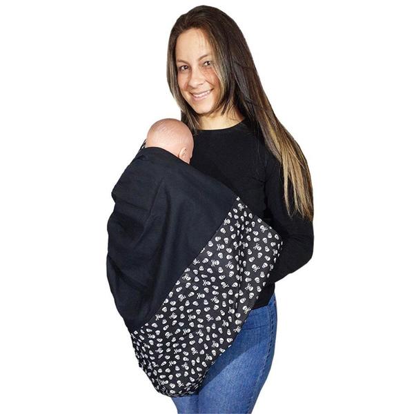 Imagem de Sling Canguru Bebe Carregador De Bebe Com Argola e Ombreira Preto Caveira Para Passear Ao Ar Livre