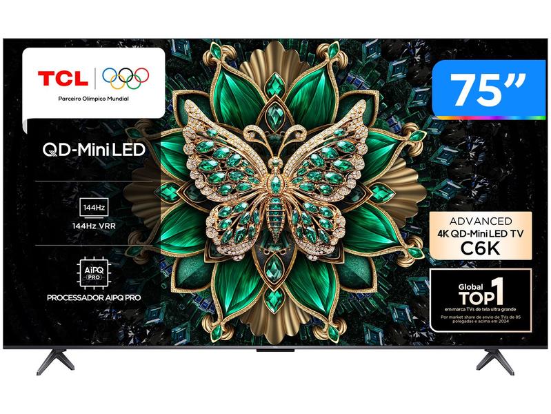 Smart TV 75" TCL 4K UHD MiniLED 75C6K 120Hz Google TV AiPQ Google Assistente 4 HDMI 2 USB Smart TV 75" TCL 4K UHD MiniLED 75C6K 120Hz Google TV AiPQ Google Assistente 4 HDMI 2 USB