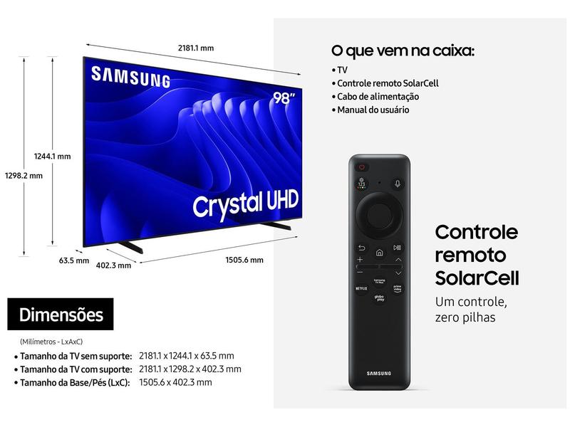 Imagem de Smart TV 98" 4K UHD Crystal UHD LED Samsung Super Big 98DU9000 VA 120Hz Wi-Fi Bluetooth com Alexa 3 HDMI 2 USB