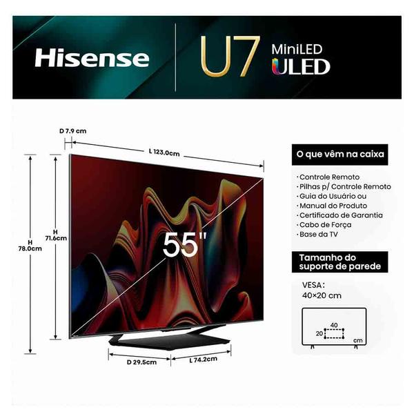 Imagem de Smart TV Hisense QLED Mini UHD 4K 55" Polegadas Frequência 144 Hz e Wi-Fi - 55U75LUA