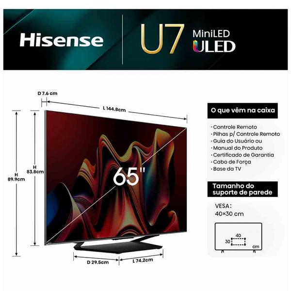 Imagem de Smart TV Hisense QLED Mini UHD 4K 65" Polegadas Frequência 144 Hz e Wi-Fi - 65U75LUA