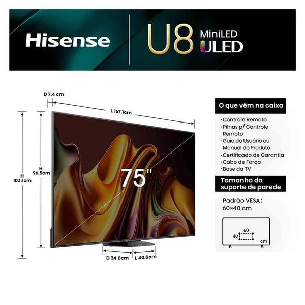 Imagem de Smart TV Hisense QLED Mini UHD 4K 75" Polegadas Frequência 144 Hz e Wi-Fi - 75U86LUA