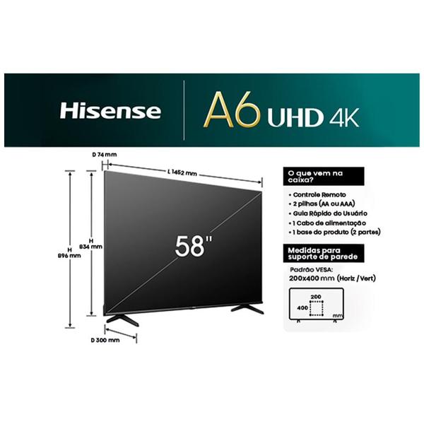 Imagem de Smart TV Hisense UHD 4K DLED 58" Polegadas 58A6K com Sleep Timer, Entrada HDMI e Wi-Fi