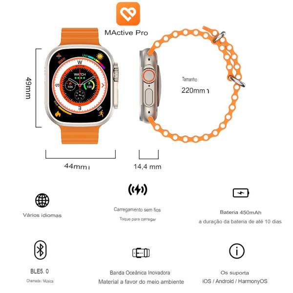 Imagem de Smart Watch Relógio W69 Ultra Bluetooth Troca Foto C/ Trava De Pulseira Parafuso Nfc Gps Bússola