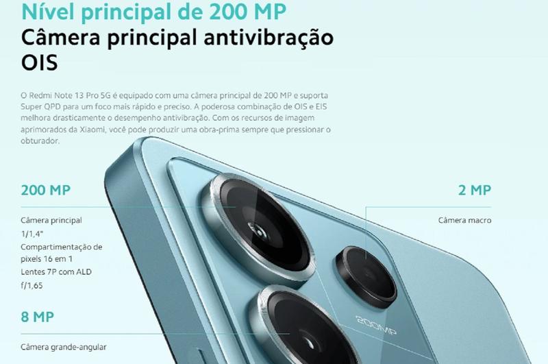 Imagem de Smartphone Celular Xiaomi Redmi Note 13 Pro 5G BR 8GB 256GB PRETO