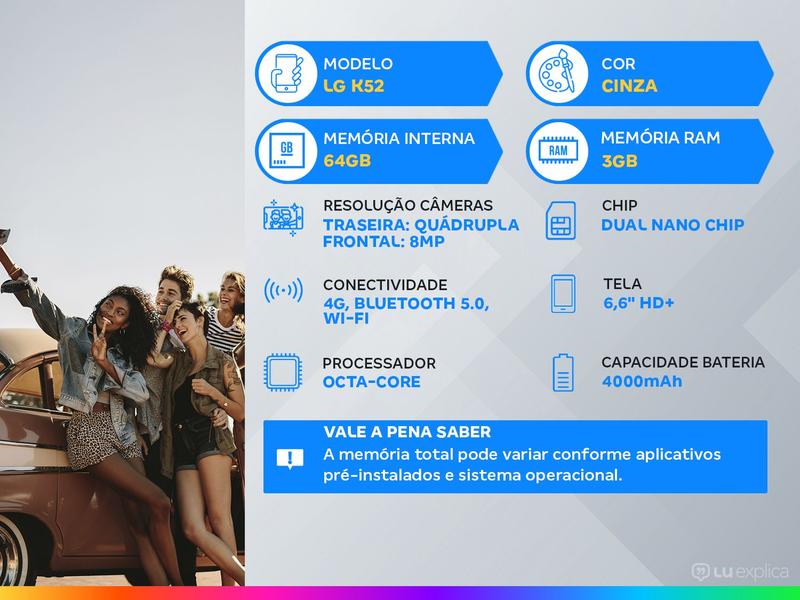 Imagem de Smartphone LG K52 64GB Cinza 4G Octa-Core 3GB RAM Tela 6,6” Câm. Quádrupla + Selfie 8MP Dual Chip