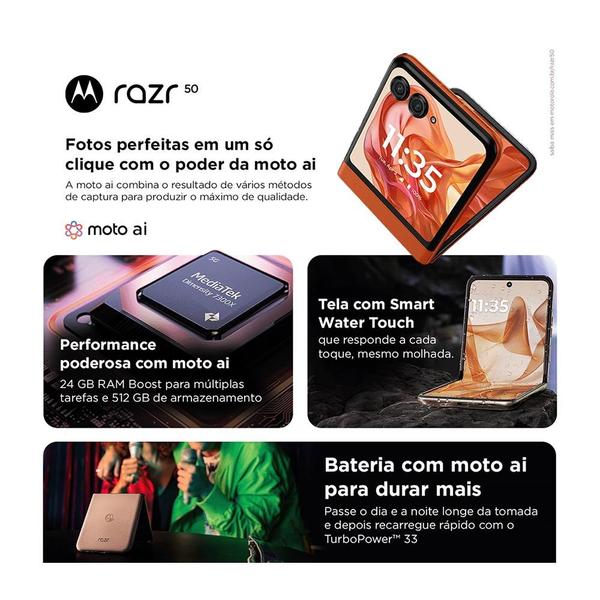 Imagem de Smartphone Motorola Razr 50 - 512GB 24GB Ram Boost Tela dobrável 6,9" pOLED e externa 3,6” Moto AI câmera IPX8