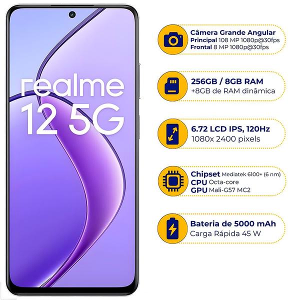 Imagem de Smartphone Realme 12 Dual Sim, 5G, 8GB RAM, 256GB Armazenamento, Tela 6.72", Android 14 -Roxo Crepúsculo