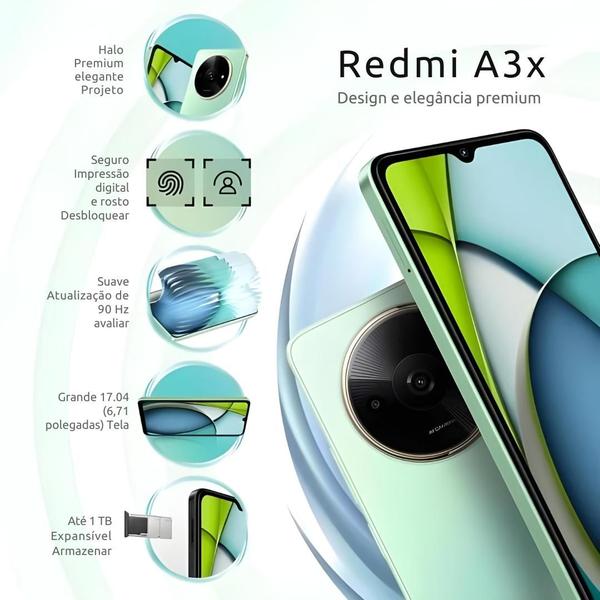 Imagem de Smartphone RedmiA3X lançamento 128GB  8GB Ram Camera HDR Ai Premium Desing tela 90Hz versão Global