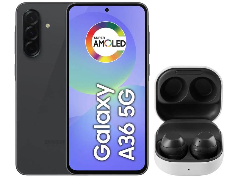 Smartphone Samsung Galaxy A36 256GB 5G 8GB RAM - Preto + Galaxy Buds FE sem Fio Grafite Smartphone Samsung Galaxy A36 256GB 5G 8GB RAM - Preto + Galaxy Buds FE sem Fio Grafite