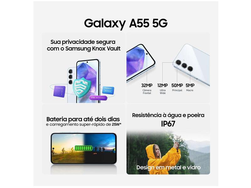Smartphone Samsung Galaxy A55 128GB Azul Claro - 5G 8GB RAM + Smartband Samsung Galaxy Fit3 Rosé Imagem de Smartphone Samsung Galaxy A55 128GB Azul Claro