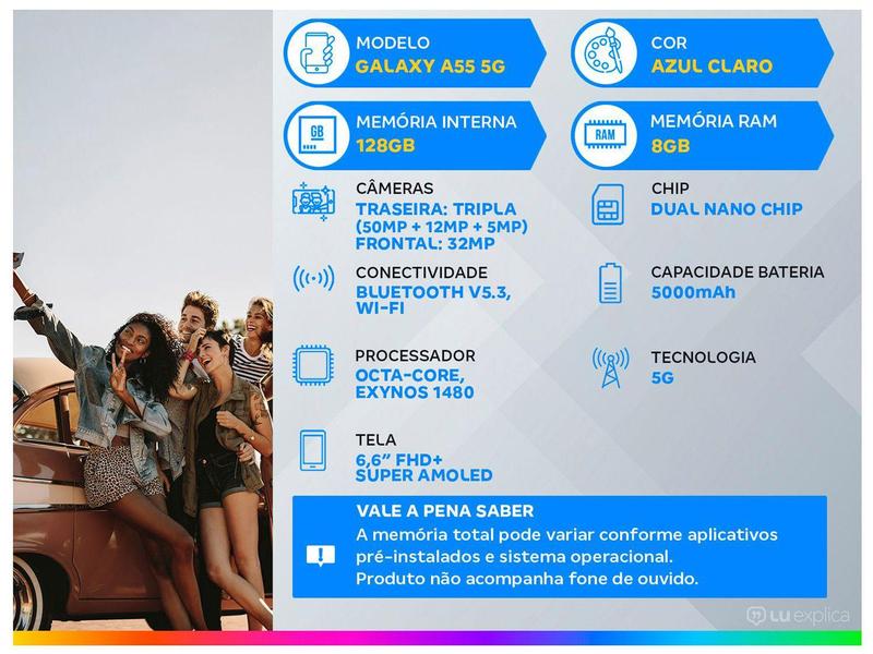 Smartphone Samsung Galaxy A55 128GB Azul Claro - 5G 8GB RAM + Smartband Samsung Galaxy Fit3 Rosé Imagem de Smartphone Samsung Galaxy A55 128GB Azul Claro
