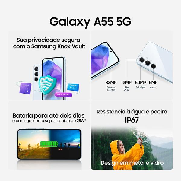 Imagem de Smartphone Samsung Galaxy A55 5G Azul Claro, 128GB, 8GB RAM e Câmera Tripla 50MP + 12MP + 5MP