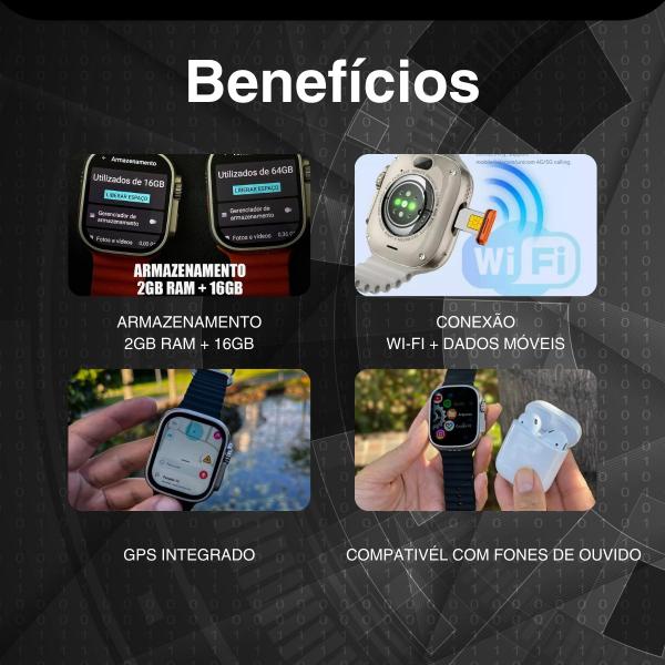 Imagem de Smartwatch 5g Ultra Preto 3 Ai 16gb 4pulseira Serie 10 Chip Câmera