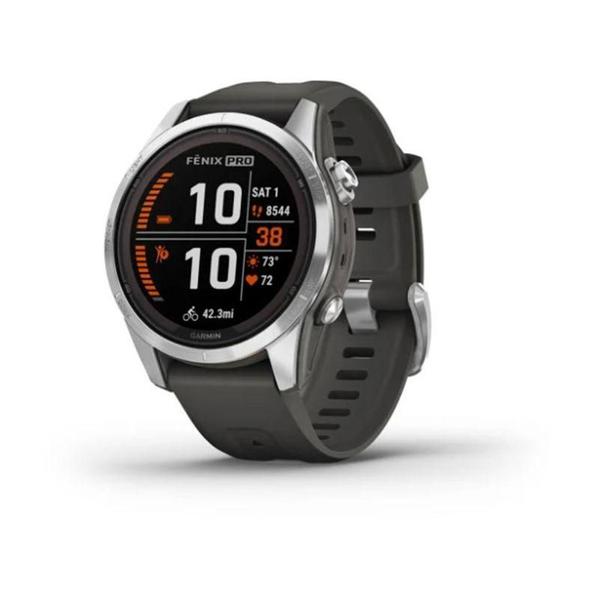 Imagem de Smartwatch Relógio Garmin Fenix 7S Pro Solar Prata c/ pulseira grafite EMEA/AUS/NZ/AFR/SA com Monitor Cardíaco de Pulso com GPS 42mm