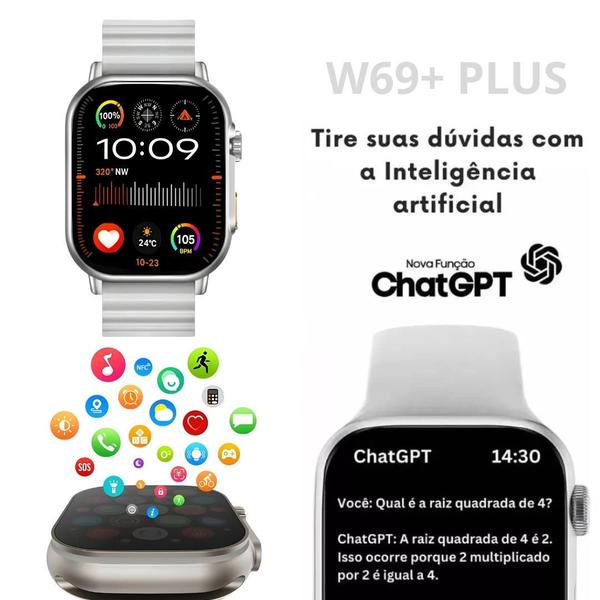 Imagem de Smartwatch Wearmax W69+ Plus Gen 2 AMOLED NFC com Assistente IA e Chat GPT  2 Pulseiras, Lançamento 2024