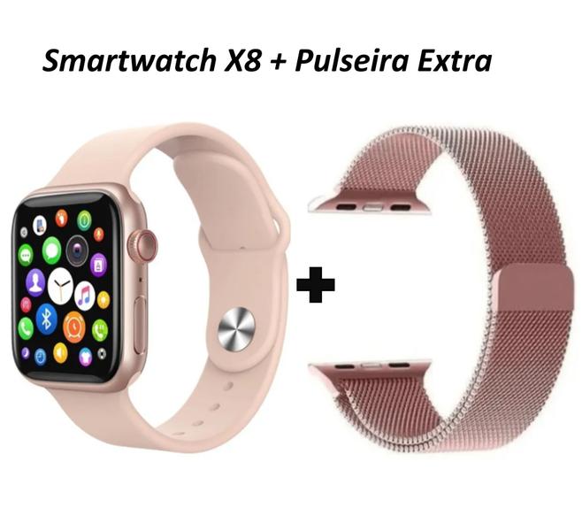Smartwatch X8 Faz Ligação + Pulseira Extra Rose - Alzza Imagem de Smartwatch X8 Faz Ligação + Pulseira Extra Rose