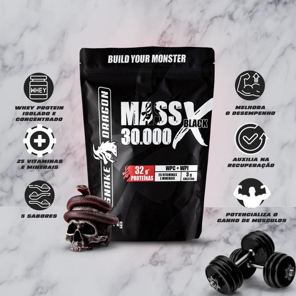 Imagem de Snake Dragon Hipercalórico Mass X Black 30.000 Refil 1,4Kg 724 Kcal + Whey Protein Isolado e Concentrado - 25 Vitaminas e Minerais Proteínas