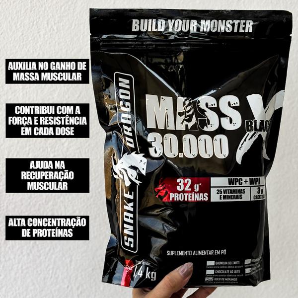 Imagem de Snake Dragon Hipercalórico Mass X Black 30.000 Refil 1,4Kg 724 Kcal + Whey Protein Isolado e Concentrado - 25 Vitaminas e Minerais Proteínas