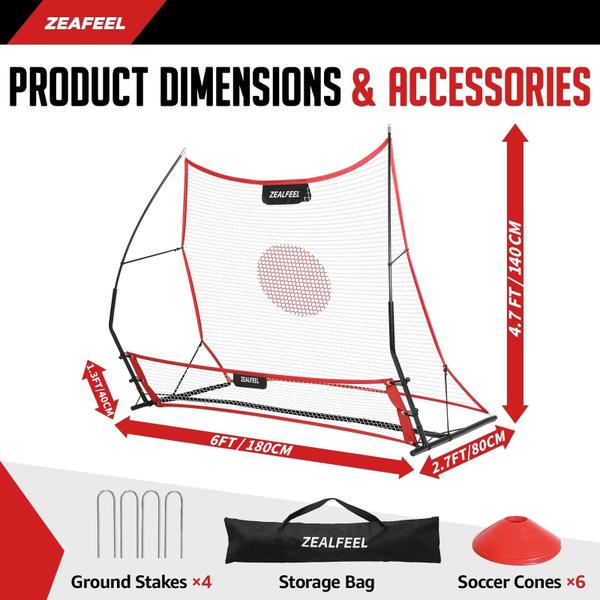 Imagem de Soccer Rebounder ZEALFEEL 2 em 1 com rede grande de 180 x 140 cm e bolsa