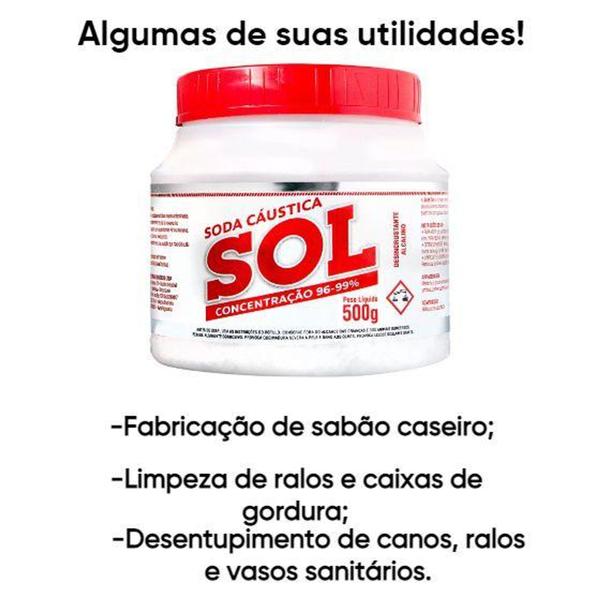 Imagem de Soda Cáustica Sol 500g Desentupir Canos E Fazer Sabão