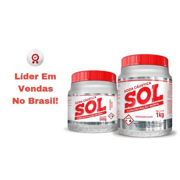 Imagem de Soda Cáustica Sol 500g Desentupir Canos E Fazer Sabão