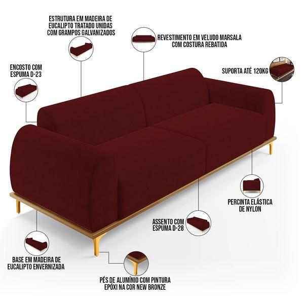 Imagem de Sofá 03 Lugares Para Sala de Estar Kiev 230 cm D02 Veludo Marsala C-278 - Lyam Decor