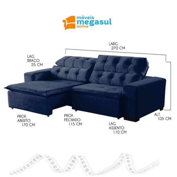 Imagem de Sofá 05 Lugares Retrátil e Reclinável Alasca 270 Cm Pillow Veludo Azul MegaSul