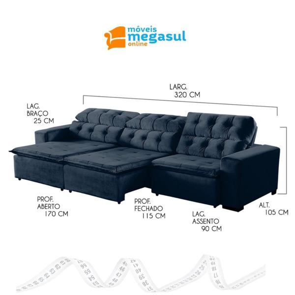 Imagem de Sofá 06 Lugares Retrátil e Reclinável Alasca 320 Cm Pillow Veludo Azul MegaSul