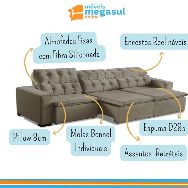 Imagem de Sofá 07 Lugares Retrátil e Reclinável Alasca 350 Cm Pillow Veludo Bege MegaSul