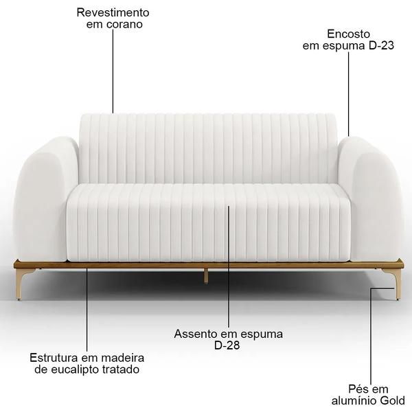 Imagem de Sofá 180cm 3 Lugares Base Gold Molino D06 PU C-12 Branco - Mpozenato