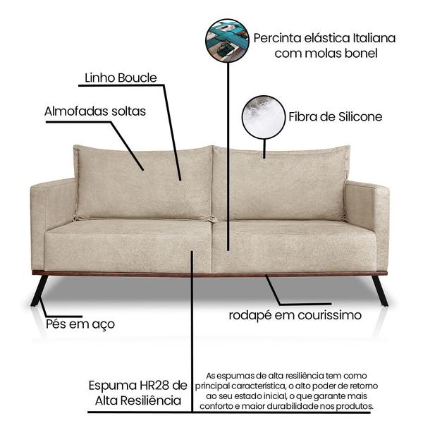 Imagem de Sofá 2 Lugares Decorativo Atlas 2,00cm Pés Retro Linho Boucle 3301 - Montanaris Decor