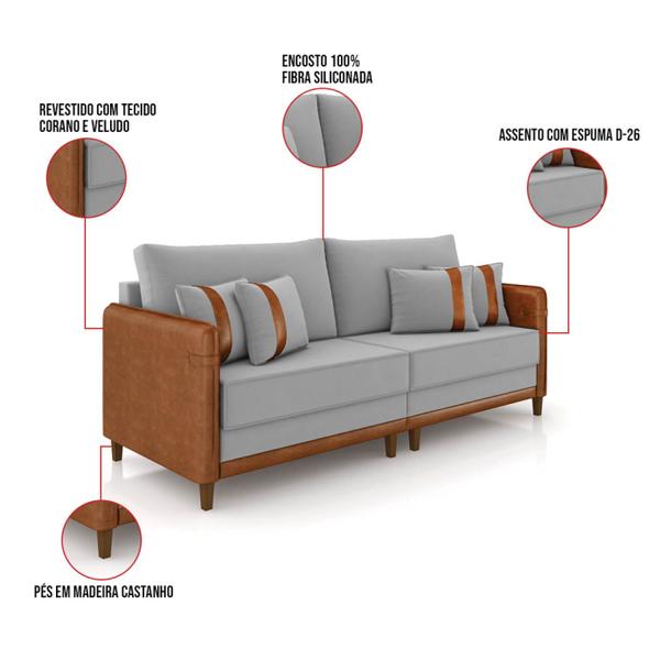 Imagem de Sofá 2 Lugares Living 172cm Pé Madeira Valença Nozes/Veludo Cinza K01 - D'Rossi