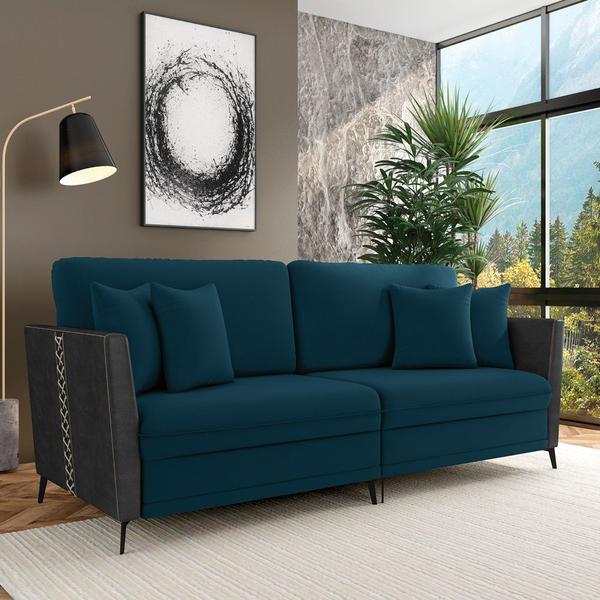 Imagem de Sofá 2 Lugares Living 182cm Mondaí Sintético Preto/Veludo Azul K01 - D'Rossi