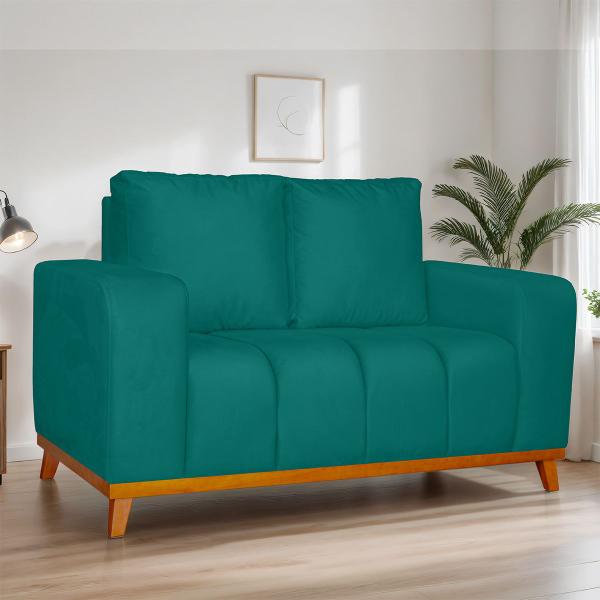 Imagem de Sofá 2 Lugares Memphis Ultra Conforto em Madeira Maciça e Suede Azul Turquesa - Jylcrom