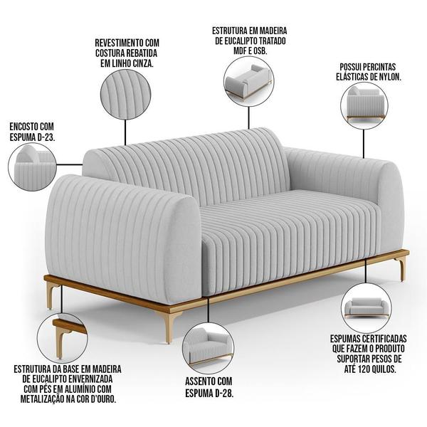 Imagem de Sofá 2 Lugares Para Sala de Estar Molino 150 cm D02 Pés D'Ouro Linho Cinza D-315 - Lyam Decor