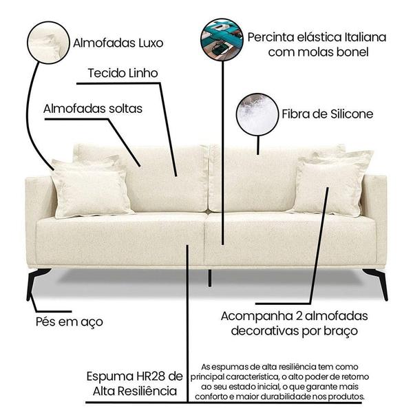 Imagem de Sofá 2 Lugares Pé De Ferro Preto Rafaela 160 Cm Linho S04 - D'rossi Cor Natural