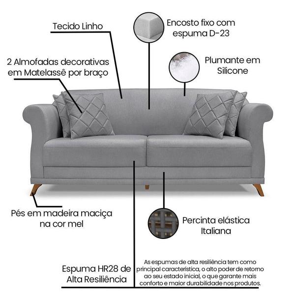 Imagem de Sofá 2 Lugares Pé De Madeira Julieta 180 Cm Linho S04 - D'rossi Cor Cinza