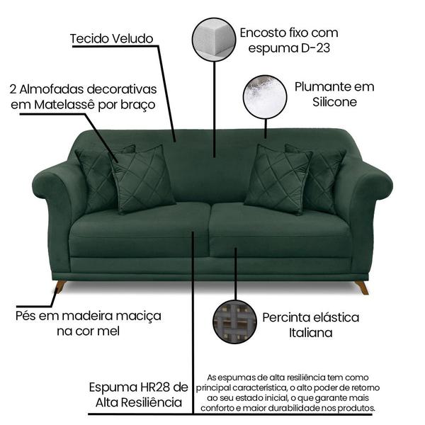 Imagem de Sofá 2 Lugares Pé de Madeira Julieta 180 cm Veludo Verde S04 - D'Rossi