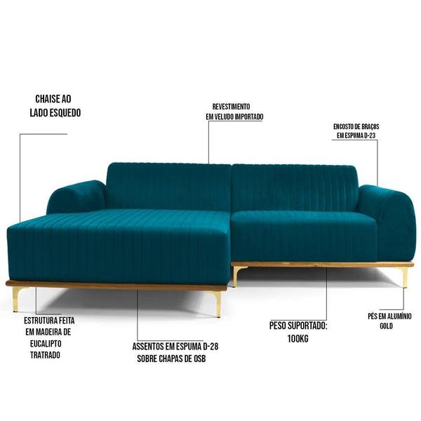 Imagem de Sofá 230cm 4 Lugares com Chaise Esquerdo Pés Gold Molino C-66 Veludo Turquesa - Domi