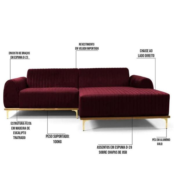 Imagem de Sofá 245cm 4 Lugares Chaise Molino Veludo Marsala