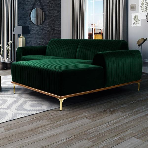 Imagem de Sofá 245cm 4 Lugares com Chaise Direito Pés Gold Molino B-303 Veludo Verde Musgo - Domi