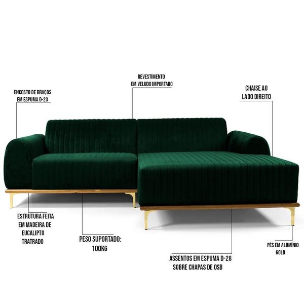 Imagem de Sofá 265cm 4 Lugares com Chaise Direito Pés Gold Molino B-303 Veludo Verde Musgo - Domi